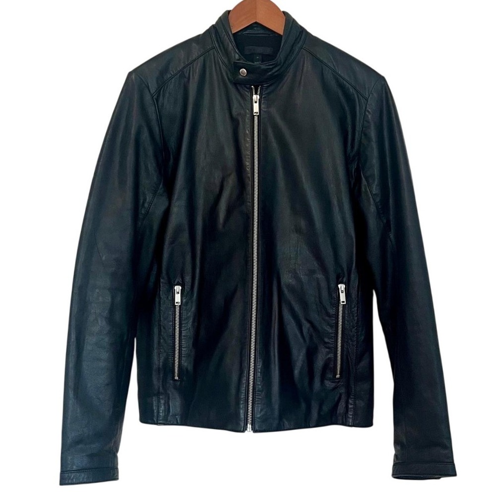 ASOS Mens Real Leather Racer Jacket Black Moto Biker Band Medium Minimalist Edgy